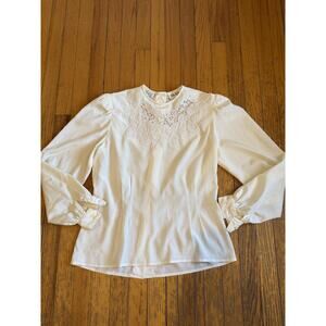 Vintage Blouse Womens 10 White Embroidered Butterfly Lace Puff Sleeve Top Sheer